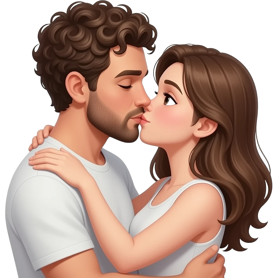 Realistic white man super short curly brown hair with beard kissing passionately and hugging realistic white girl brown hair emoji