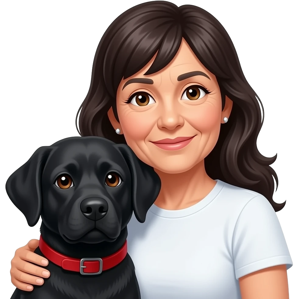 woman, 60s aged, long dark hair with fringe, small diamond earrings, brown eyes, cuddling black labrador with red collar, white t-shirt emoji