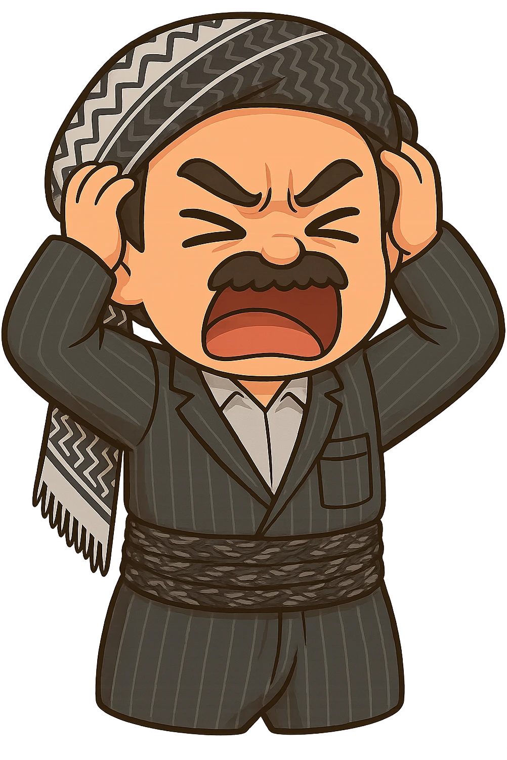 Cartoon sticker of a Kurdish man with the exact same clothes and scarf as the reference image, no changes to clothing or scarf. Face showing anger and rage. Both hands on the head as a sign of severe distress or anger. Colorful and cheerful style, no shadows or color halos around the image, no text. Suitable for WhatsApp and Instagram, with a completely transparent background. emoji