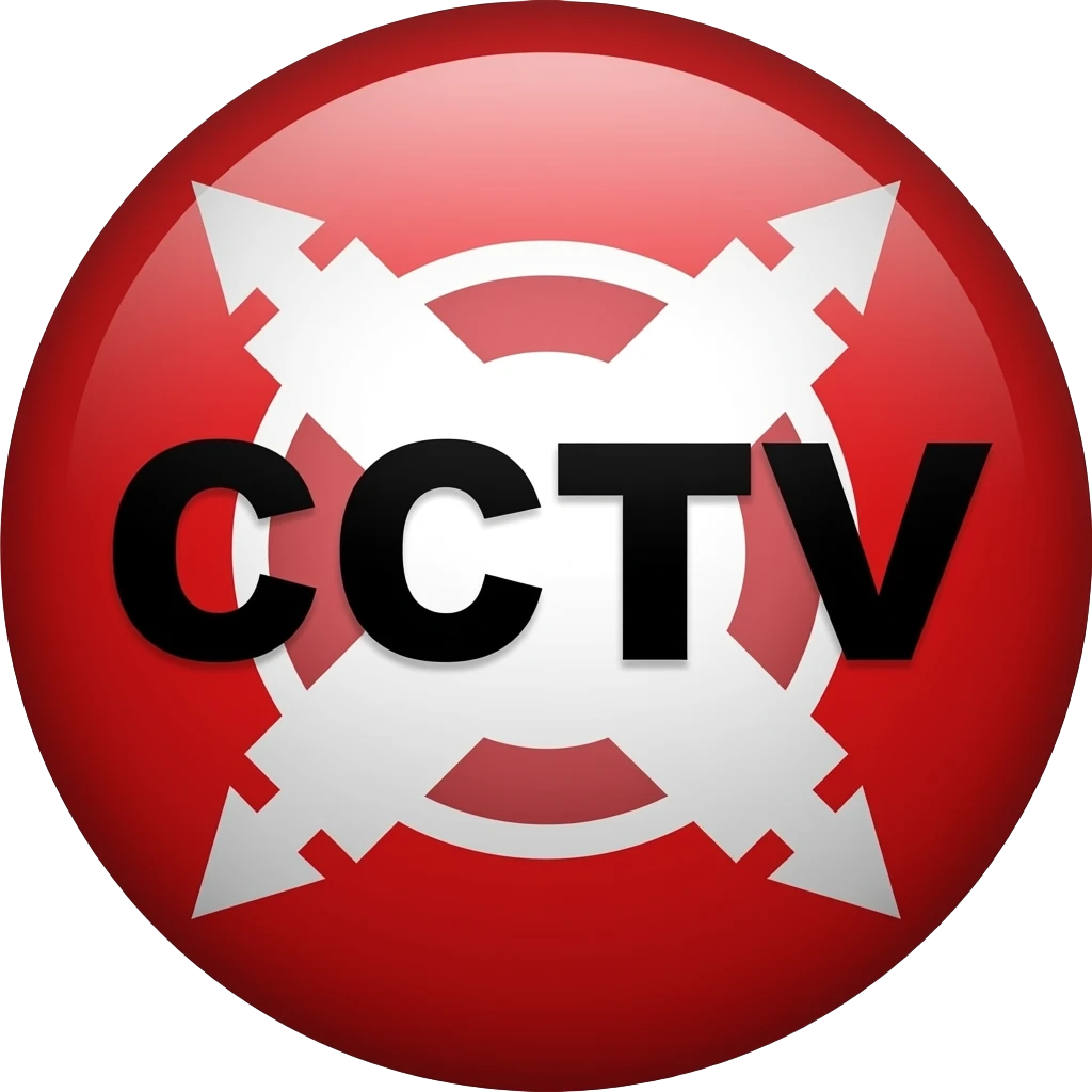 Red filled circle with white X and arrow on all end points on the X white circle in the middle. Big bold CCTV word in the centre in black emoji