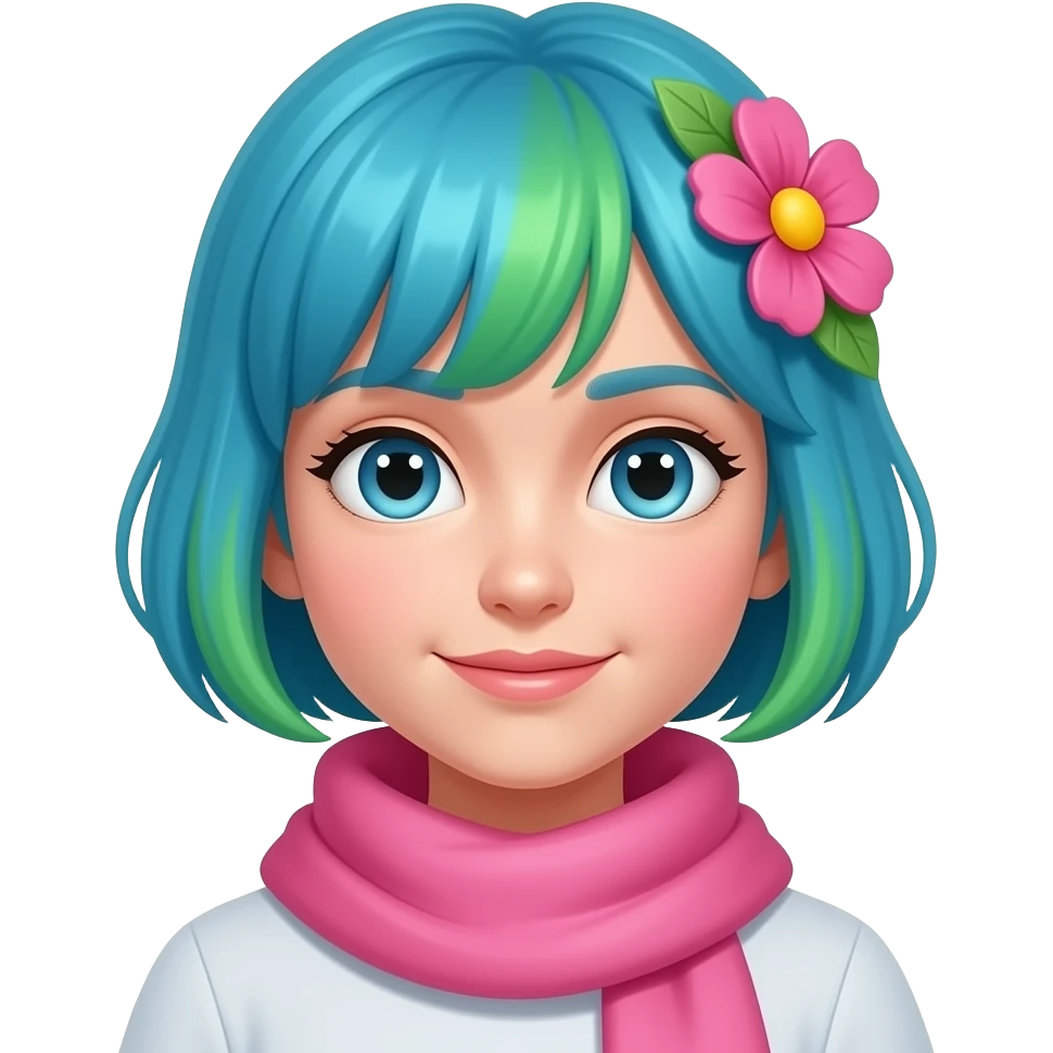 girl with short blue and green hair, she have pink sharf and flower in hair emoji