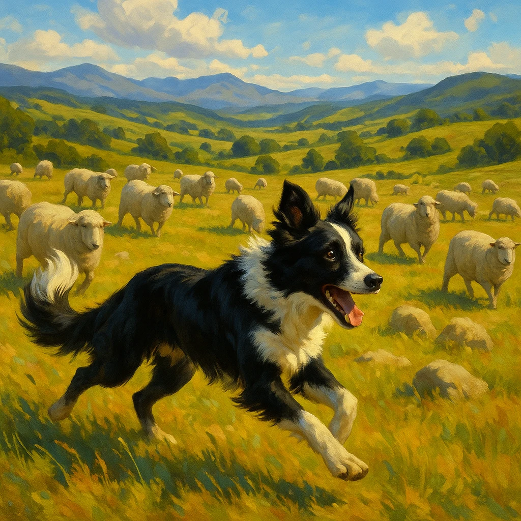 Border Collie in Argentinian countryside, herding sheep, energetic, semi-realistic emoji