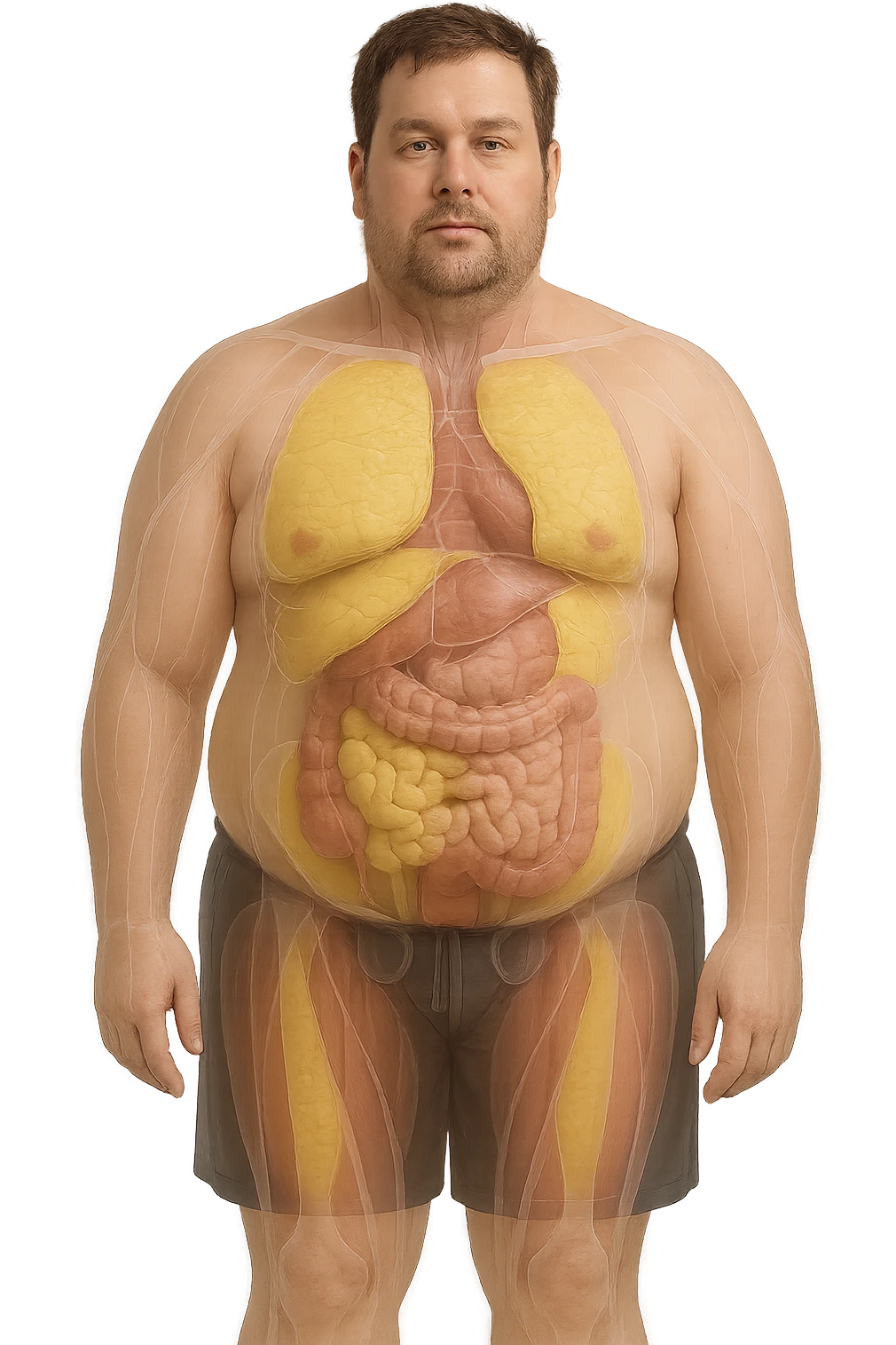 an adult man with a visibly overweight physique stands in a clinical setting. Semi-transparent overlays highlight areas of fat accumulation, especially around the abdomen, chest, and thighs. The fat tissue is shown in yellow, contrasting with underlying muscles and organs. The background is clean and modern, emphasizing the educational aspect. emoji