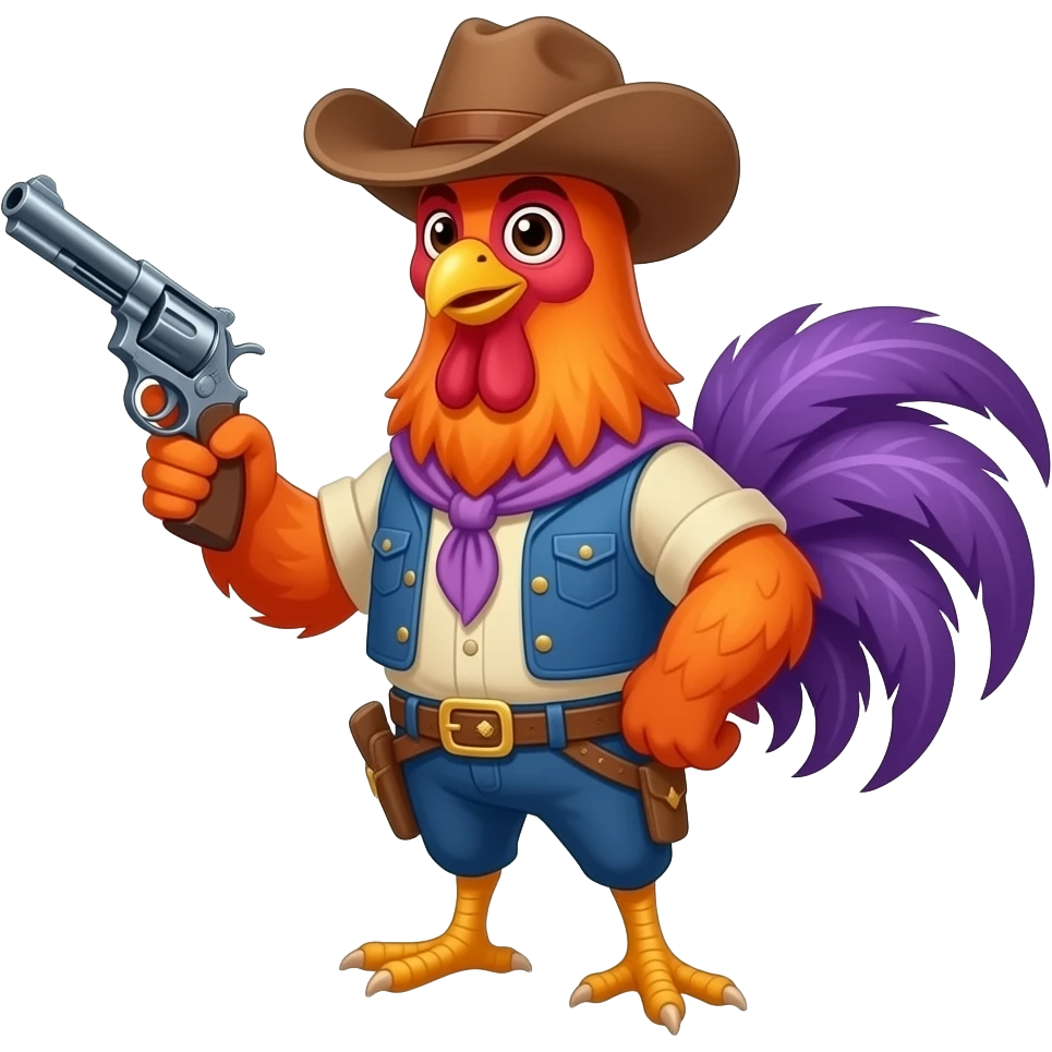 orange, purple Rooster cowboy with gun emoji
