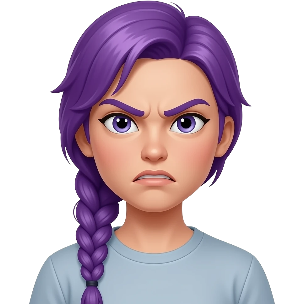 emoji chica pelo violeta con una trenza larga con cara enojada emoji