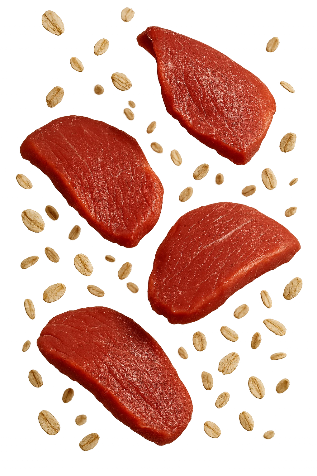 FETTINE DI CARNE FLUTTUANO IN ARIA INSIEME A FIOCCHI DI AVENA, IPERREALISTICO 4K emoji