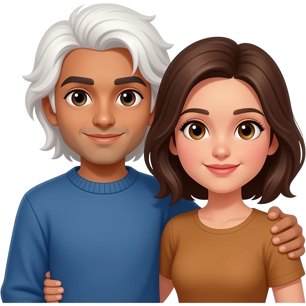 Brown Pakistani boy with no facial hair, long white shoulder-length hair, wearing a blue sweater, holding a tan-toned young woman with almond shaped hazel eyes and shoulder-length brown hair emoji