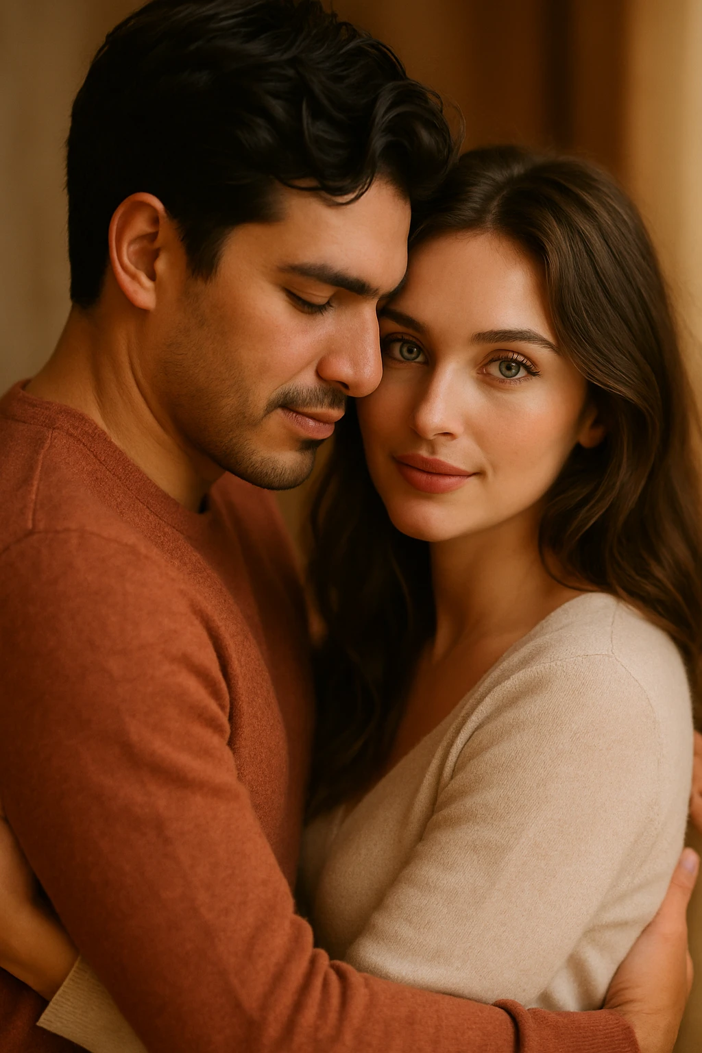 romantic embrace, Latin man with dark hair and woman with striking green eyes, soft lighting, warm and affectionate scene emoji