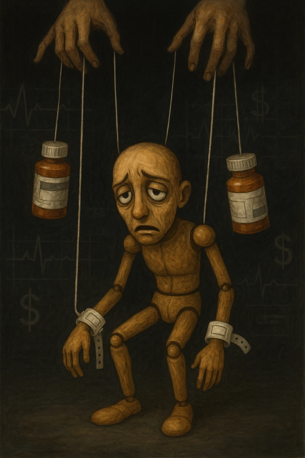 a marionette puppet with hospital bracelets and medication bottles as strings is controlled by unseen hands from above. The puppet’s face shows confusion and fatigue, representing the feeling of being managed by an invisible system. The background is dark, with faint images of medical charts and dollar signs. in italiano emoji
