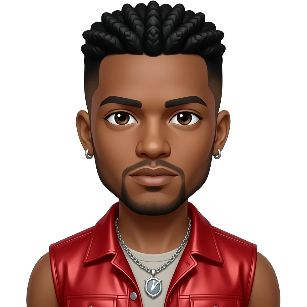 King Combs with dark brown eyes, black buzz cut hair, red metallic hip-hop sleeveless shirt, necklace and earrings emoji