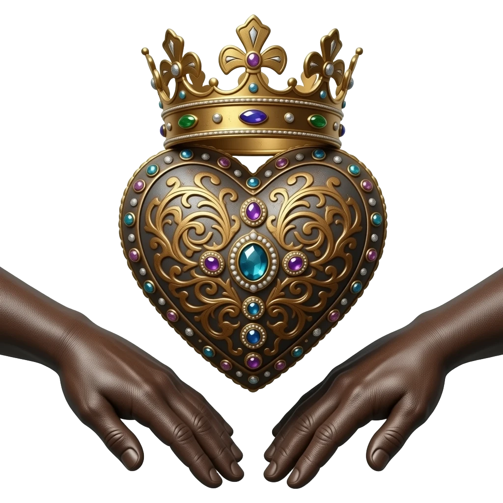 two rusty hands touch with their fingers (hands are facing downwards)  a rusty heart richly ornamented with arabesques and studded with precious stones with a richly decorated royal crown, dramatic lighting - backlight emoji