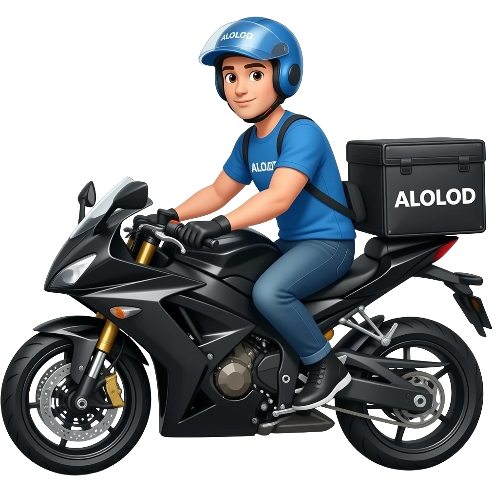 Delivery rider in black motorcycle with ALOLOD logo emoji