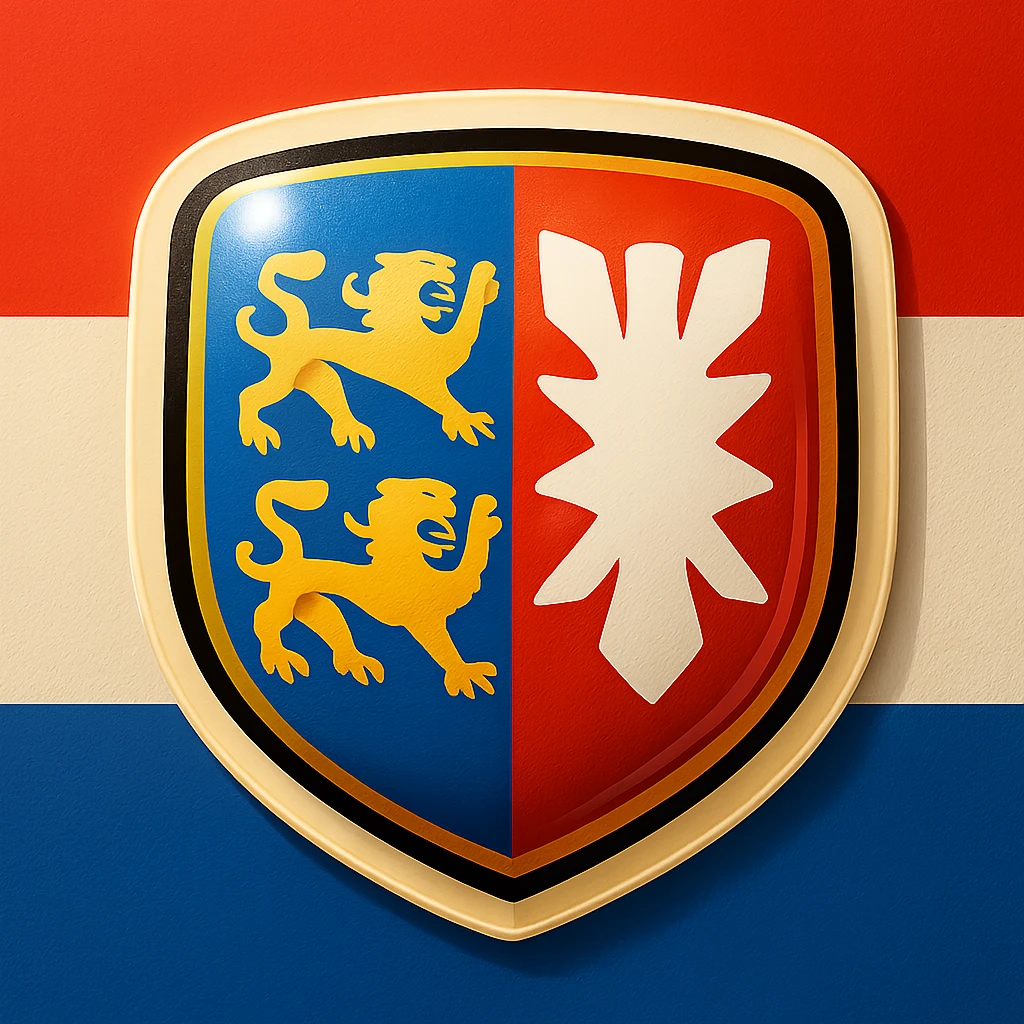 emoji of the Schleswig-Holstein shield with two lions and nettle leaf, less cartoonish, with the Schleswig-Holstein flag as background, no text emoji