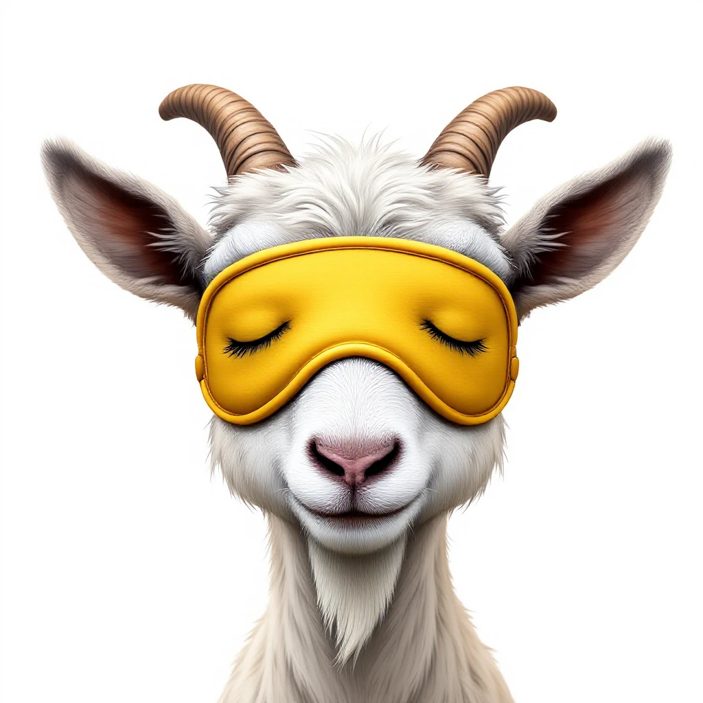 a goat with yellow sleep mask, front view,  Frontal Top-Down Soft Light, white background, portrait, casual cartoon stylized style art emoji