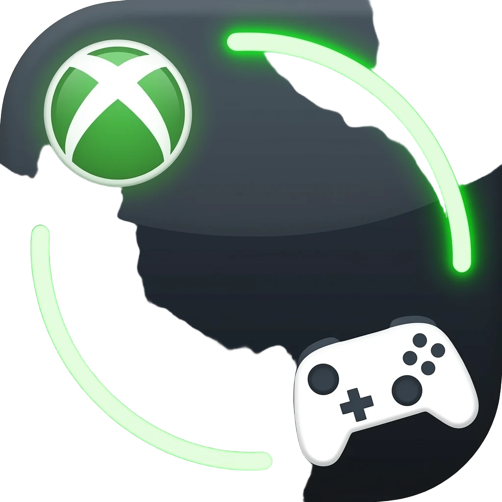 Hexagonal dark frame, neon green curved line around shape, Xbox logo badge on left, white gamepad silhouette bottom right, dark background, flat 2D game icon template, 1:1 emoji