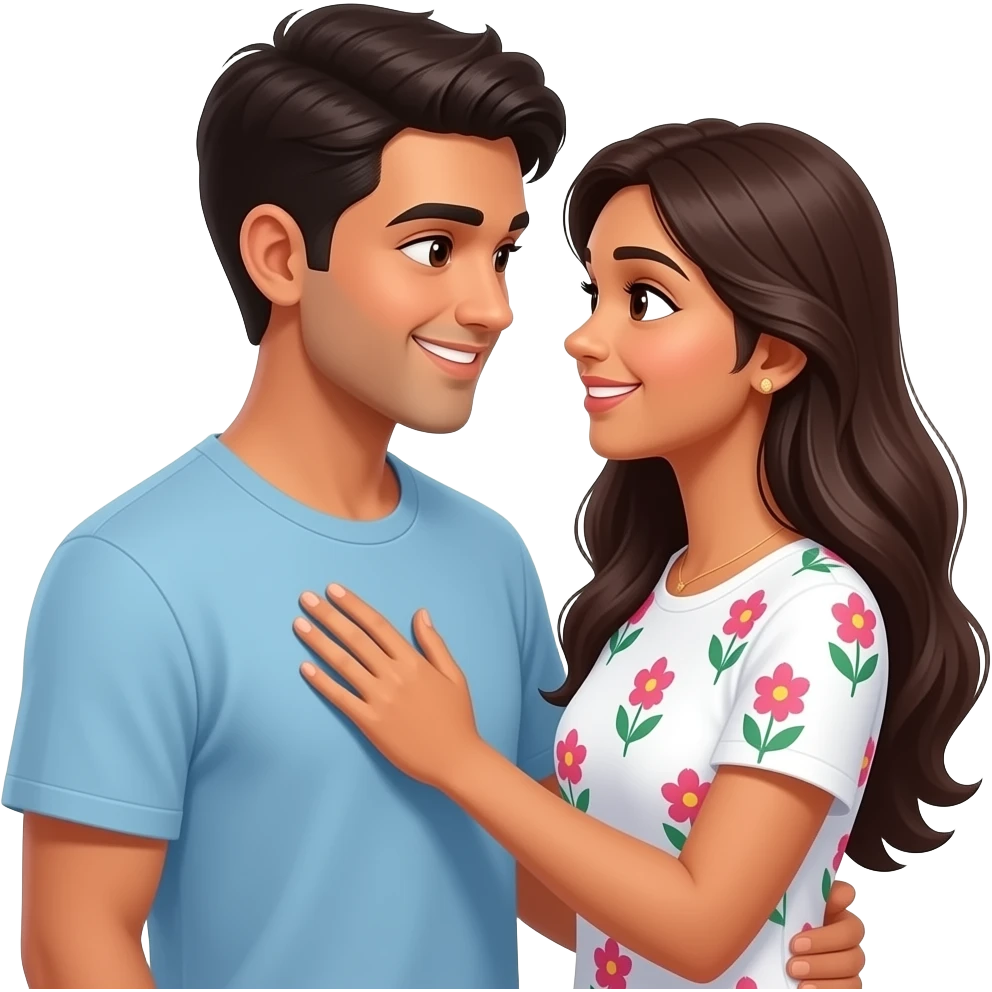 long haired Indian lady in white floral T-shirt holding her hand on boyfriend heart looking at each other lovingly smiling shyly Face to face emoji