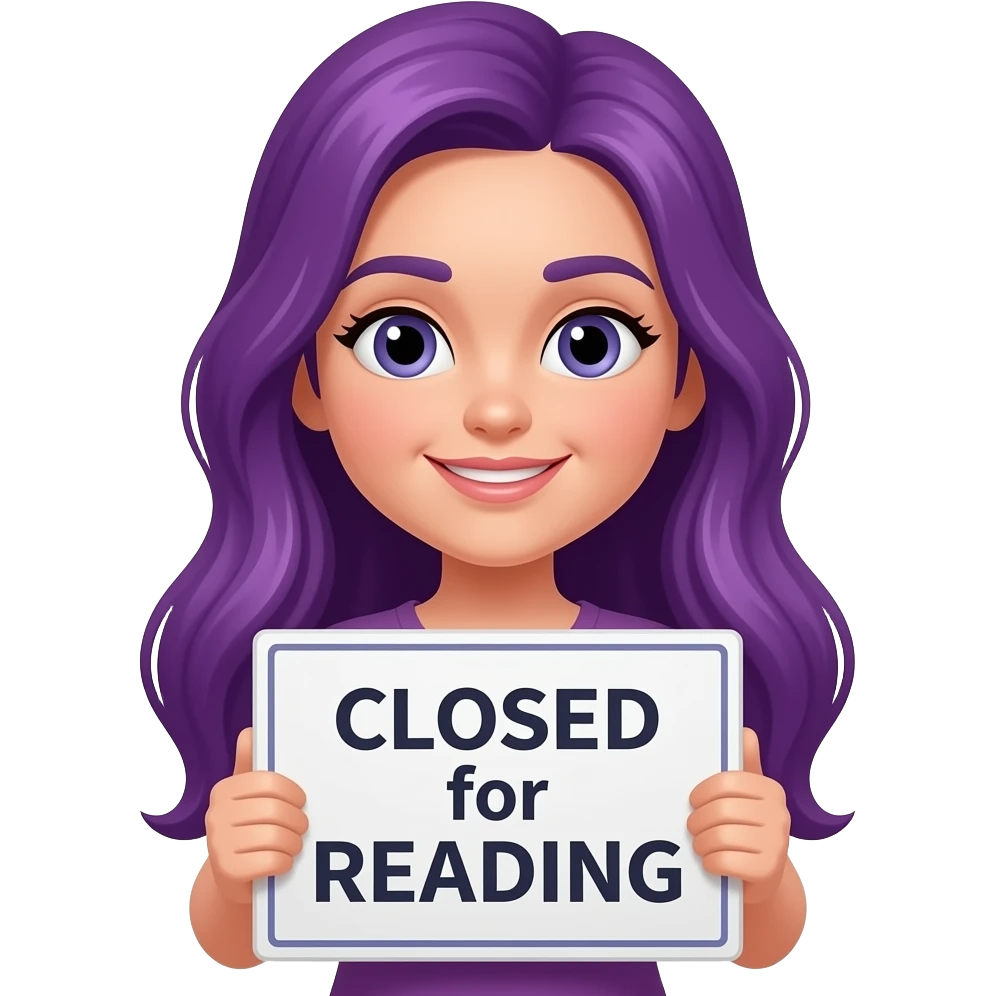 girl with long purple hair with a CLOSED for READING sign emoji