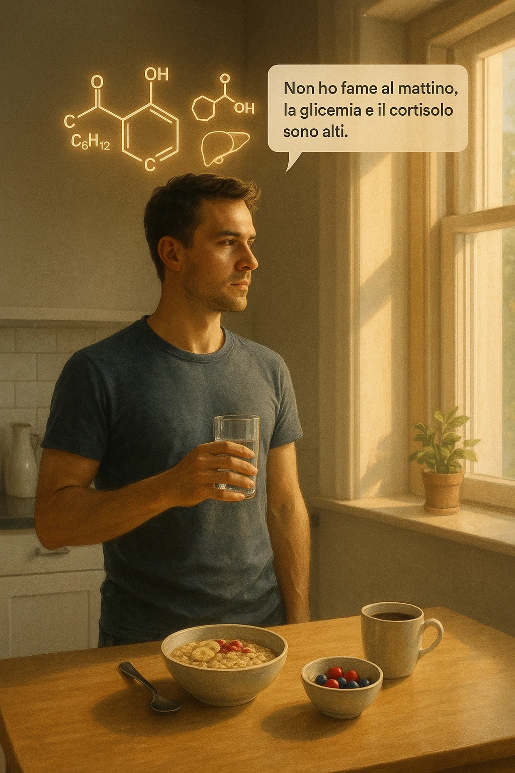 A realistic, cinematic illustration of a man in his early 30s with a lean, healthy build, standing calmly in a bright, minimal kitchen in the early morning. On the kitchen table, there is a prepared but untouched healthy breakfast (oatmeal, fruit, coffee). The man, with a neutral and focused expression, holds a glass of water while looking out of the window where morning sunlight enters. Above him, subtle glowing medical icons display: a glucose molecule, a cortisol hormone symbol, and a liver icon, indicating high morning blood sugar and cortisol levels. A small speech bubble or text overlay says: ‘Non ho fame al mattino, la glicemia e il cortisolo sono alti.’ The scene conveys a sense of calm, clarity, and body awareness, showing that the man consciously avoids breakfast due to physiological signals rather than restrizione. The style is realistic, warm, with a slight film grain, emphasizing health and conscious self-regulation. in italiano emoji