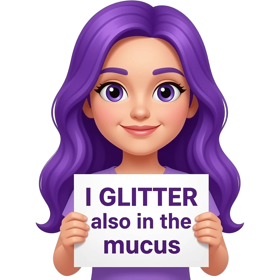 girl with long purple hair holding a ICH GLITZER auch im SCHLAMM sign emoji