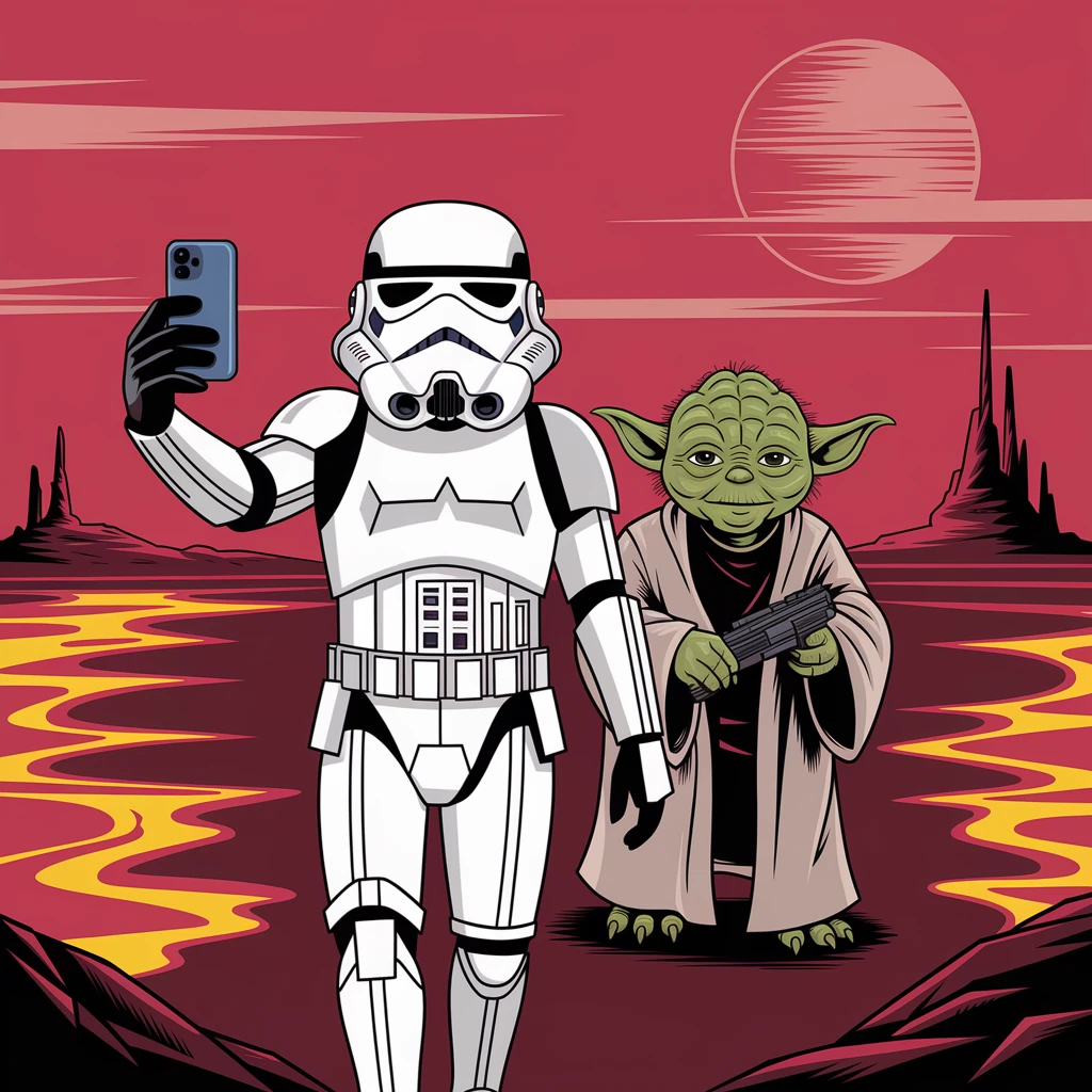 Camera POV, Starwars stormtroopers vlogging selfie, he is walking on lava planet with yoda emoji