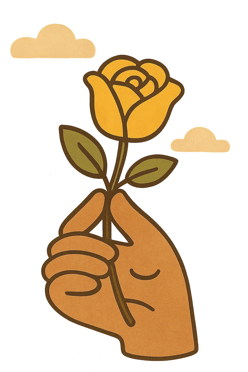 A flat illustration of a hand holding a yellow rose, minimalist vector style, cartoon-like, 2D design, no shadows, soft pastel colors, clean lines, emoji aesthetic emoji