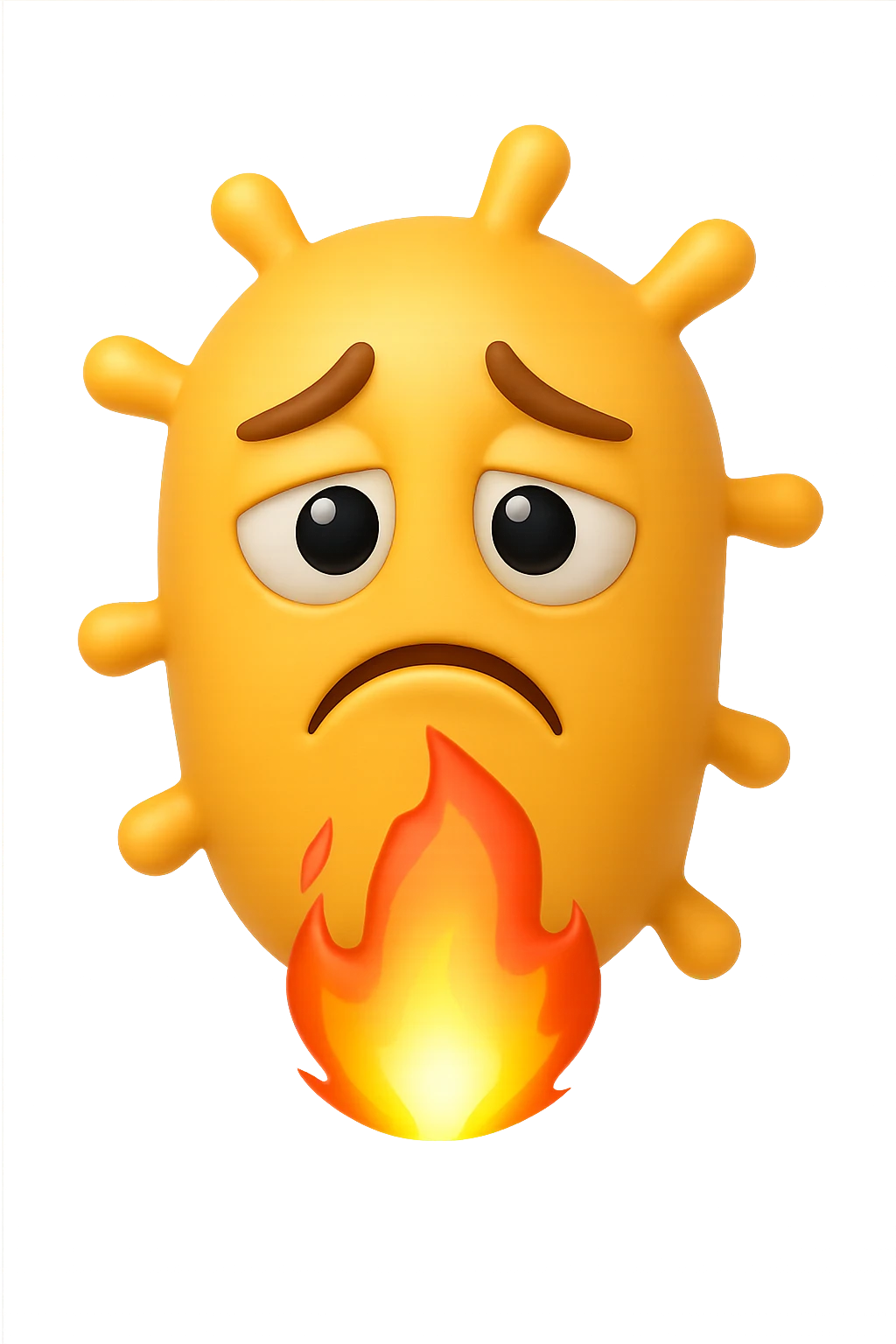 EMOJI STILE IPHONE 3D DI BATTERI INTESTINALI 3D CON ESPRESSIONE TRISTE  IN VOLTO MENTRE SOTTO DI LORO BRUCIA UNA FIAMMA, FAGLI ANCHE LA PARTE BIANCA DEGLI OCCHI, NON SOLO LA PUPILLA emoji