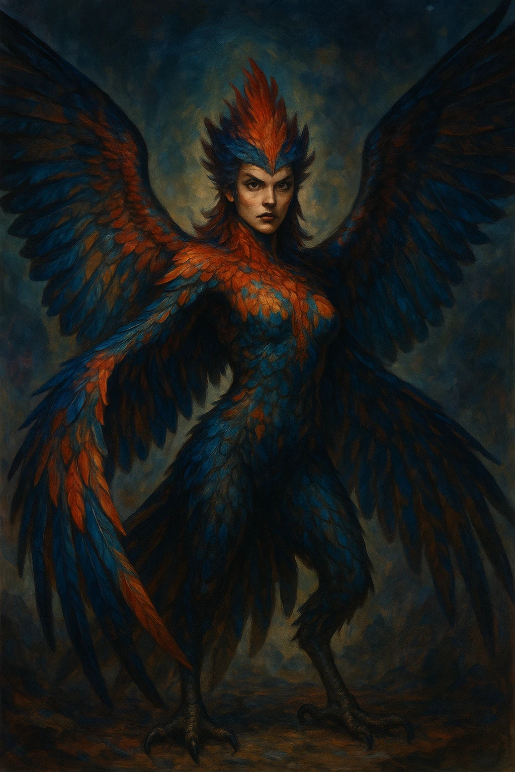 hybrid bird woman with mostly bird features, fantasy style, any bird species, bold and dramatic, striking plumage, powerful stance emoji