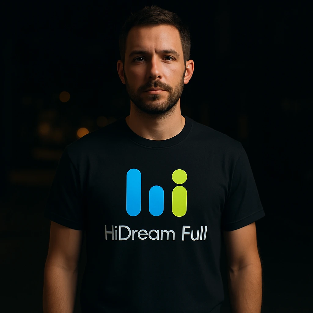 man wearing tshirt with this logo, dark night background with dim lights emoji