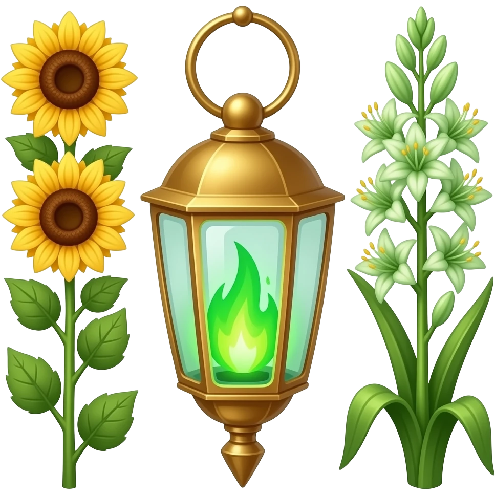 A golden hanging lantern with a bright emerald flames, an empty loop on top, fae themed sunflowers on the left and fully bloomed asphodels on the right as part of the design, but simple focus more on the green flames, paint the glass more green, have its bottom point come to some sort of point emoji