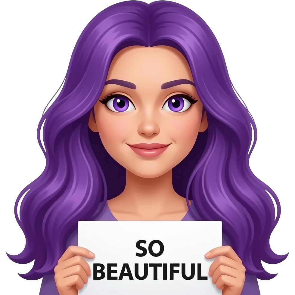 sexy girl with long purple hair and purple eyes holding a SO BEAUTIFUL sign emoji