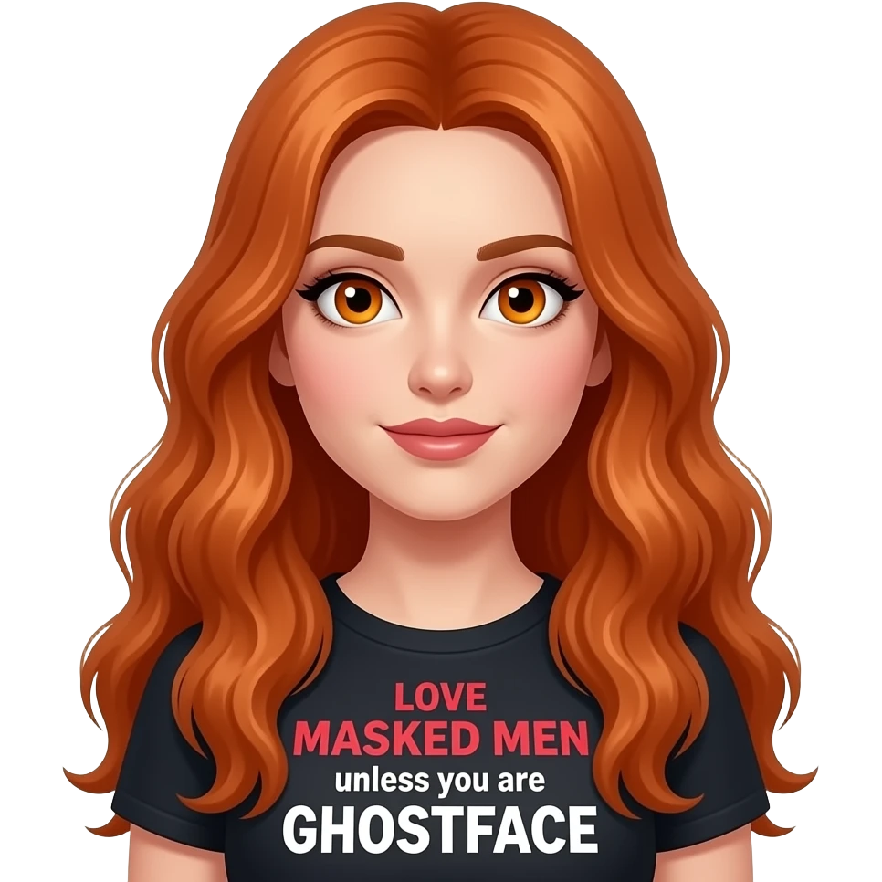 sexy girl with overlong ginger hair and ginger eyes wearing a top with LOVE MASKED MEN unless you are GHOSTFACE written on it emoji