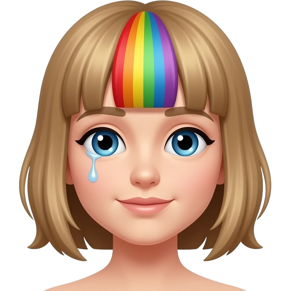 add a tear to the left eye and light brown blonde hair with a rainbow streak in the middle of the hair emoji