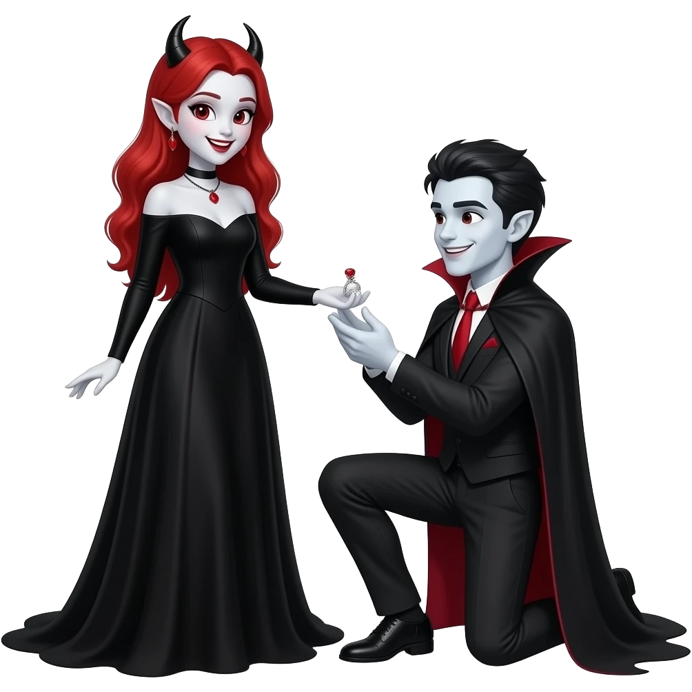Vampiro femmina adolescente con la pelle bianca e i capelli rossi che indossa un vestito lungo e largo sotto nero e le maniche lunghe e il suo fidanzato vampiro con la PELLE BIANCA sie è inginocchiato per darle un anello con un rubino rosso e sono felici emoji