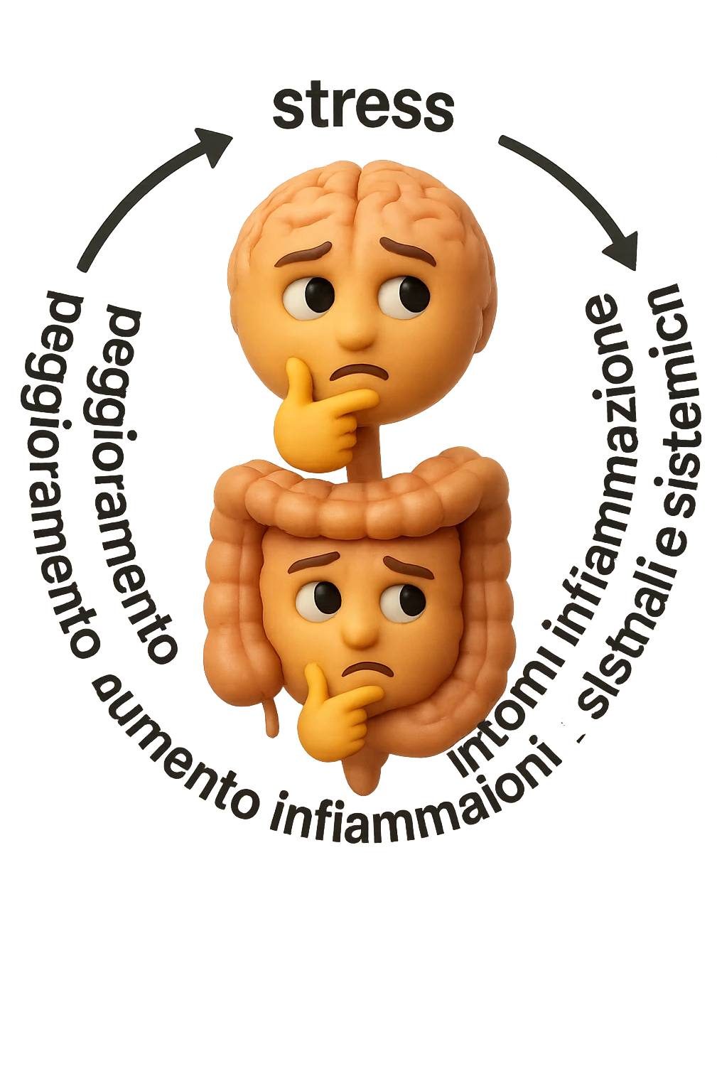 EMOJI STILE IPHONE 3D DI un cerchio con queste scritte che girano intorno "stress → peggioramento intestinale → aumento infiammazione → peggioramento sintomi intestinali e sistemici." al centro del cerchio metti un cervello e intestino umani collegati verticalmente con espressione dubbiosa in volto, FALLO MOLTO REALISTICO IN 3D emoji