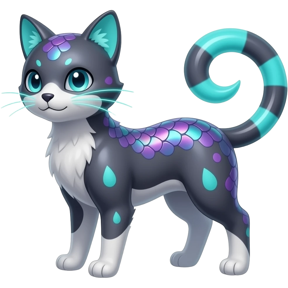 Realistic iridescent-scaled slim smooth shiny glossy elegant bioluminescent dull, furry oil-dark greyish, purplish, neon-cyan-accented, back-finned, abyss-fantasy-Zorua-Vaporeon-Umbreon-Lykoi-Civet-Fakémon-fusion, with thin neon-glowing bulb-whiskers, koi-piebald-flecked full body emoji