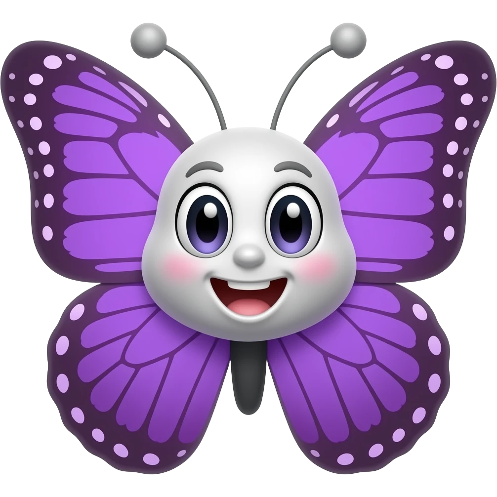 Милая озорная мордочка бабочки с фиолетовыми крыльями, радуется emoji