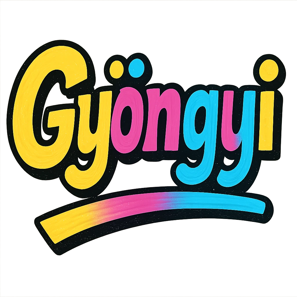 Gyöngyi name in modern colorful gradient font with dark outline, dynamic slanted or partial underline, in the style of reference patterns emoji