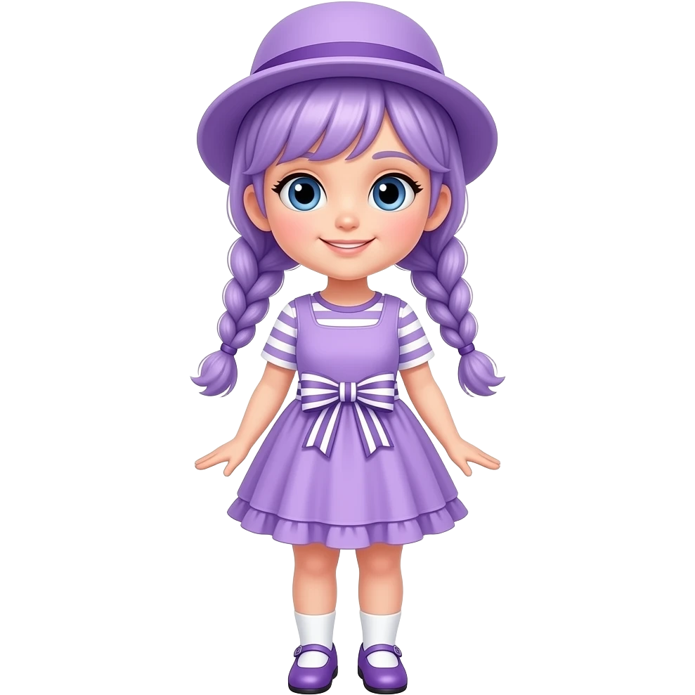 A girl with pale purple hair tied in braids and blue eyes, wearing a pale purple dress with white striped short sleeves and skirt, a pale purple frill, and a pale purple and white striped waist bow, pale purple shoes with white socks, and a pale purple hat. emoji