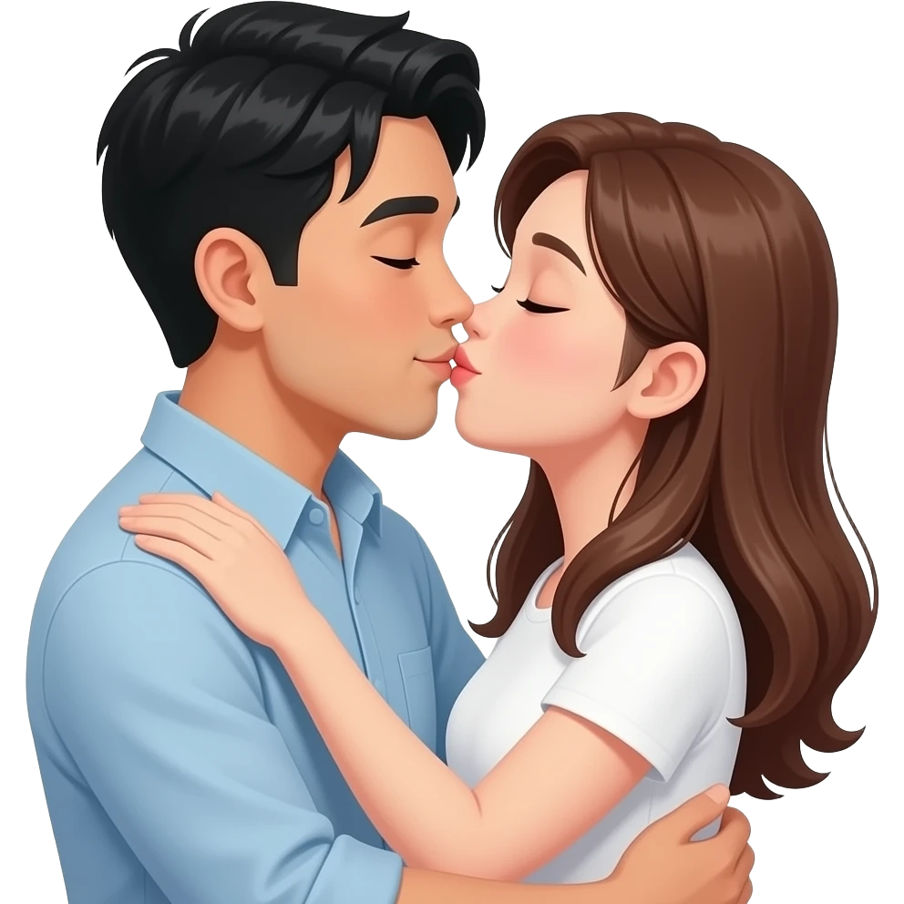 asian men and white woman with brown hair brown eye hug and kisses emoji