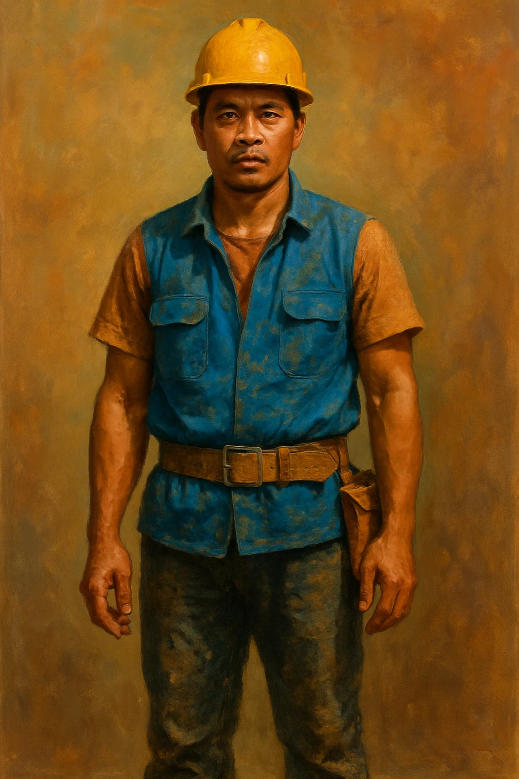 Сгенерируй мне в стиле реалистичной, яркой живописи строителя в каске внешности индонезиата, азиата. На однородном фоне. В полный рост emoji