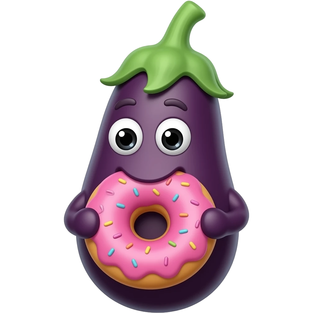 eggplant with eyes eating a pink donut emoji