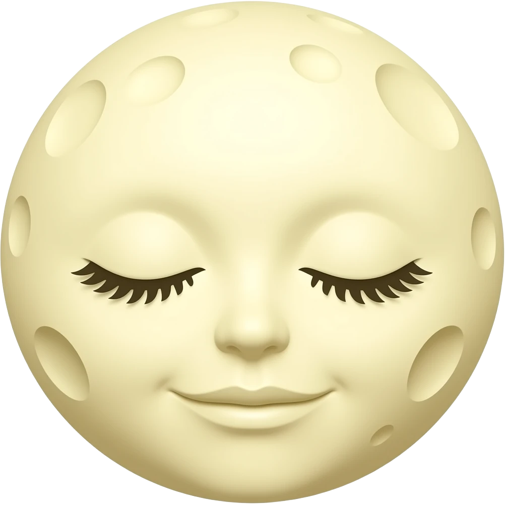 sleeping moon emoji with a FEMALE FACE. Offwhite yellow. round craters for the moons serface emoji