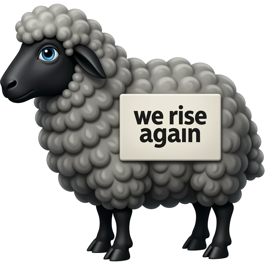 Black sheep with a sign saying we rise again. the whole sheep including the fur needs to be black emoji