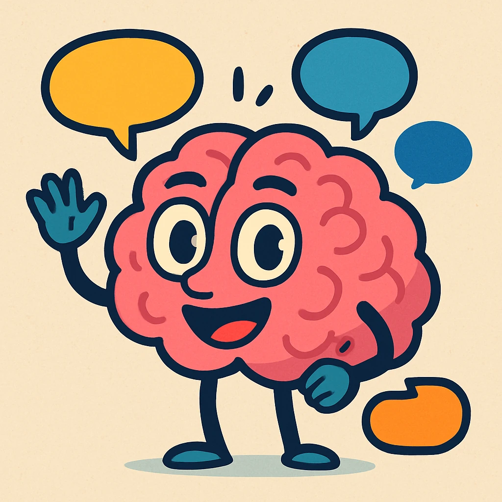 a talking brain, cartoon style, speech bubbles, expressive eyes emoji
