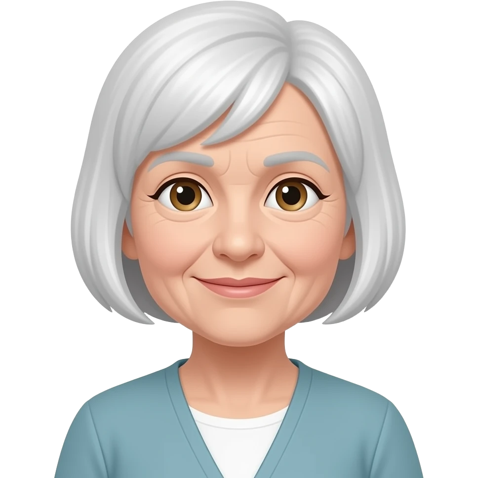 76 year old woman with white short hair and light brown eyes emoji