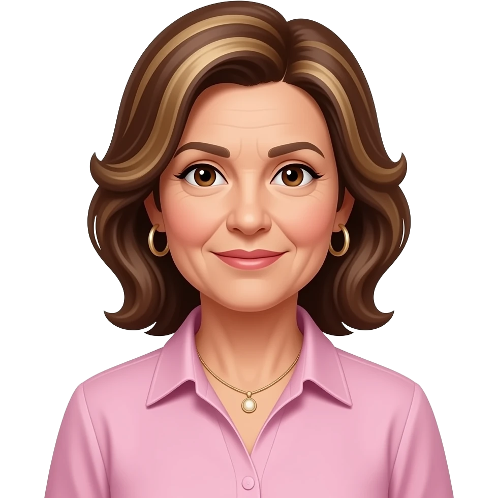 woman in 50s with brown highlighed highlights wearing pink formal shirt, brown eyes, hoop earrings and necklace emoji