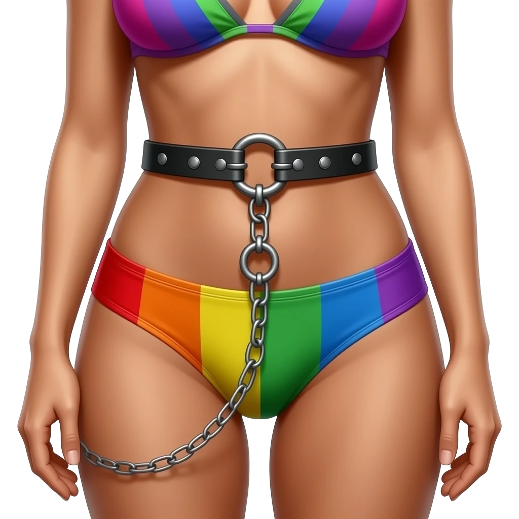 A women standing wearing bru and underwear and there color is the lesbian women flag colors and over the under wear add chastity belts emoji