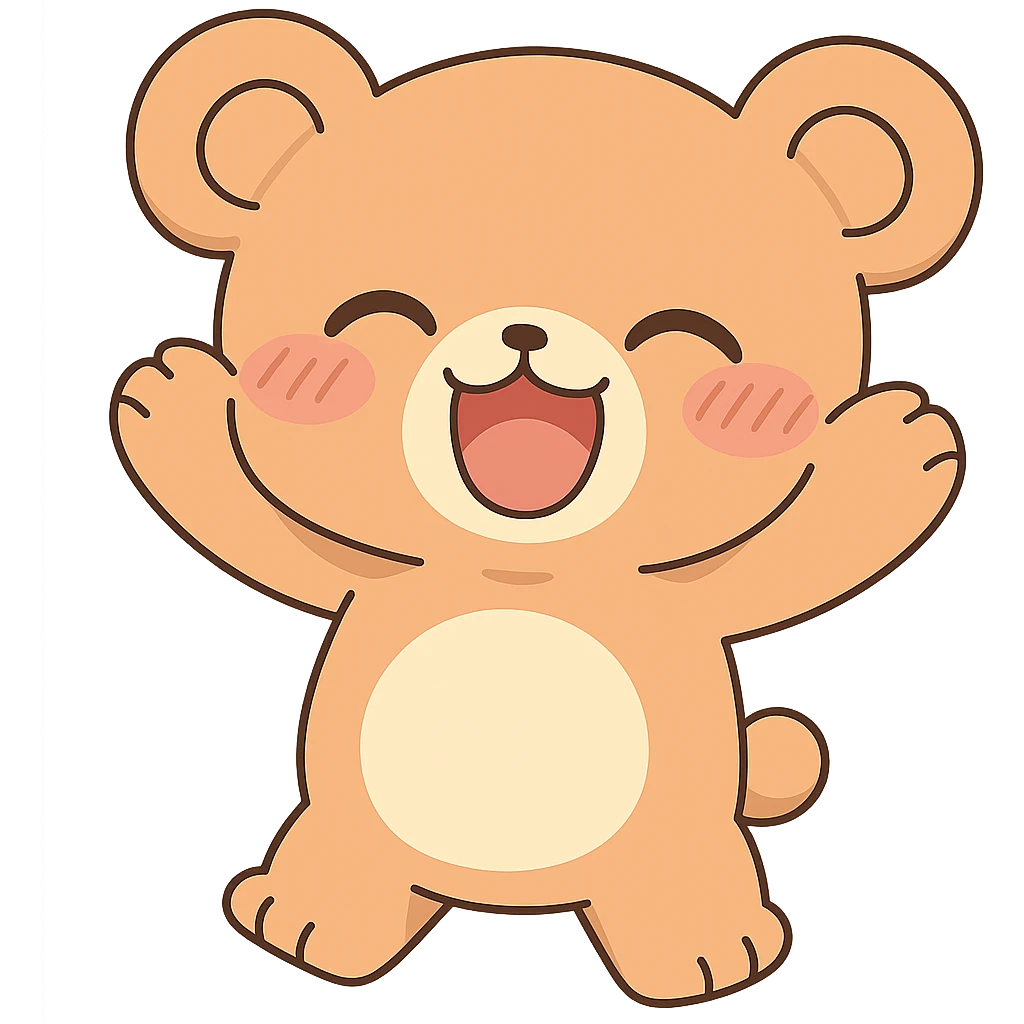 Transform the anime style happy bear into chibi style with exaggeratedly cute proportions, keeping no background. Maintain the anime aesthetic while emphasizing cuteness and chibi proportions. emoji