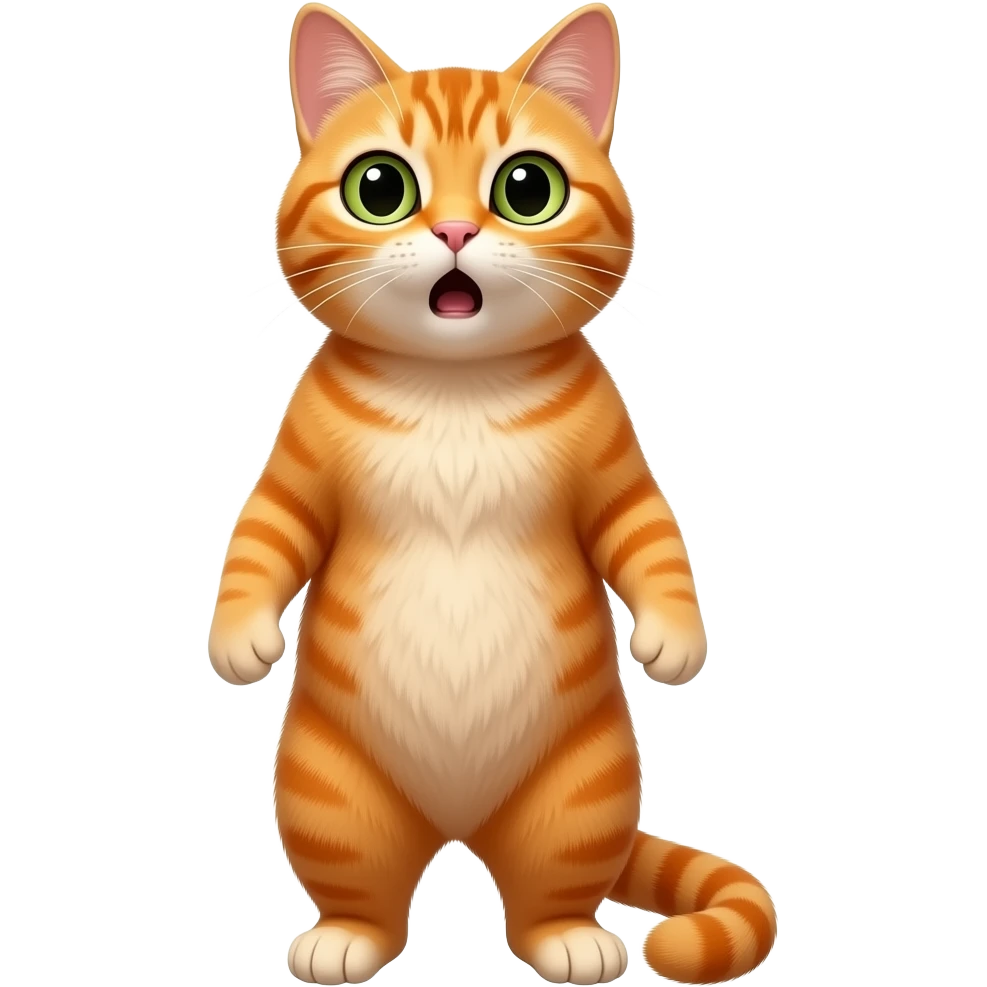 A little orange cat standing up like a little person, looking very surprised. All his body is dark orange. emoji