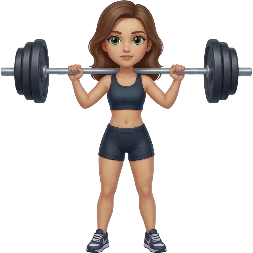 Can you make a young woman standing with barbell weights, where she is holding the barbell on her shoulders? Where she has green eyes, medium long brown hair and looks concentrated. Where you can see her from top to toe emoji